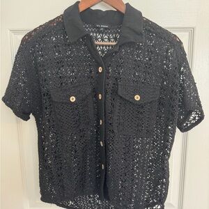 Blu Pepper Black Crochet Button-Front Women's Top